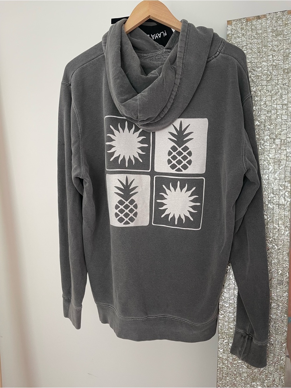 Washed Charcoal Graphic Hoodie Sweater - playa bowls light stain distressed Larg